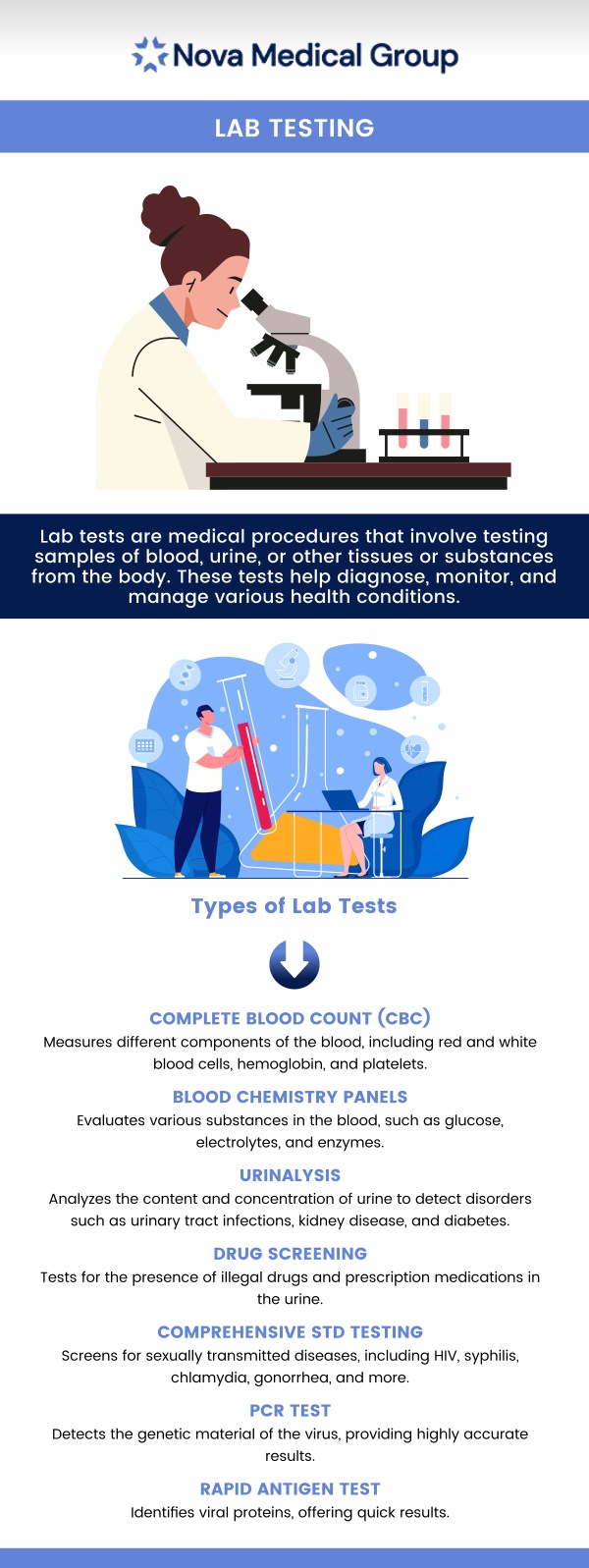 Laboratories are crucial for the early detection, diagnosis, and treatment of a wide variety of health disorders. To identify medical conditions, track treatment progress, and keep an eye on diseases, lab tests examine samples of blood, urine, and many other bodily components. At ABC Medical Group we deliver high-quality medical care every day of the week by using the most recent technologies with our board-certified healthcare professionals. We provide our patients with accessible lab testing facilities to analyze the condition of their organs and identify illnesses including diabetes, coronary heart disease, cancer, and more. For more details, contact us or schedule an appointment online. We are located at 123 ABC Ave Suite A, Los Altos, CA 123456.